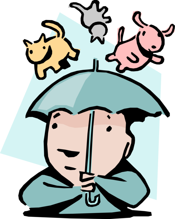 Vector Illustration of Raining Cats and Dogs Idiom Businessman with Umbrella