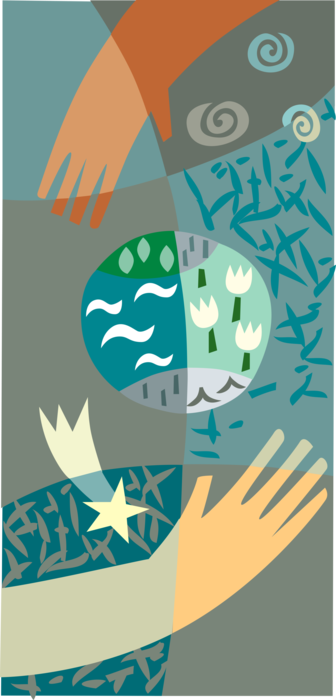 Vector Illustration of Nurturing Hands of Mother Nature Provide Water for Growth