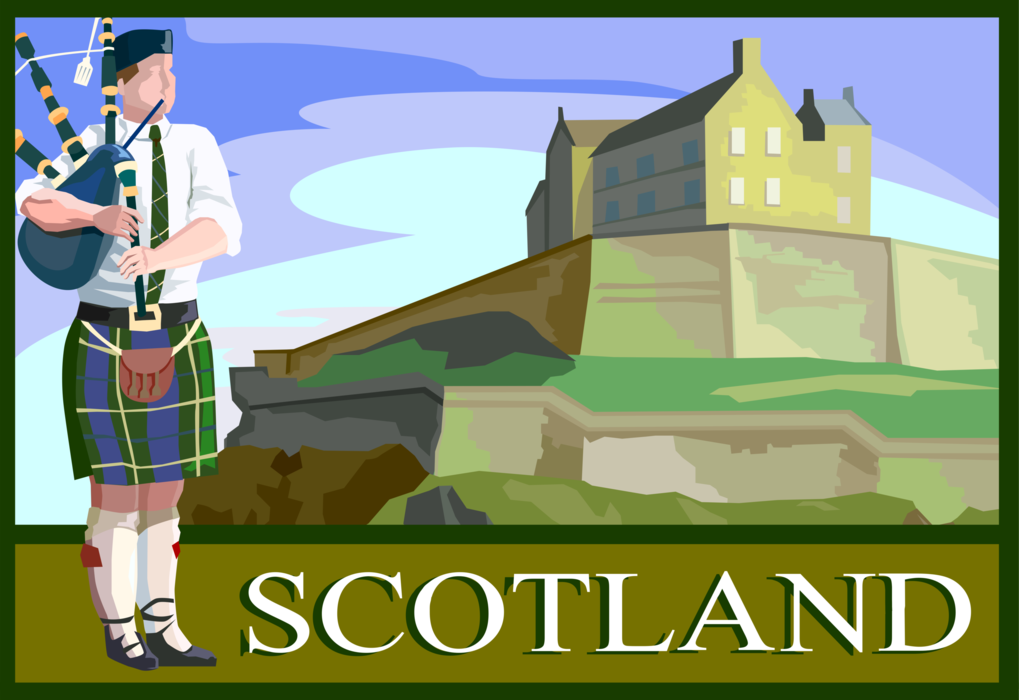 Vector Illustration of Scotland Postcard Design with Scottish Castle and Bagpipes