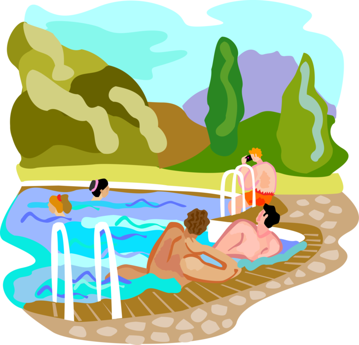 Vector Illustration of Tourists on Vacation at Resort Swim in Outdoor Swimming Pool