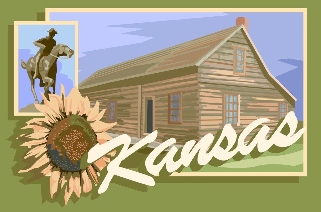 Vector Illustration of Kansas Postcard Design with Wooden Farmhouse and Man on Horseback