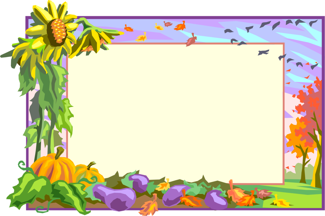 Vector Illustration of Fall or Autumn Harvest Frame Border with Eggplant, Pumpkins and Sunflowers