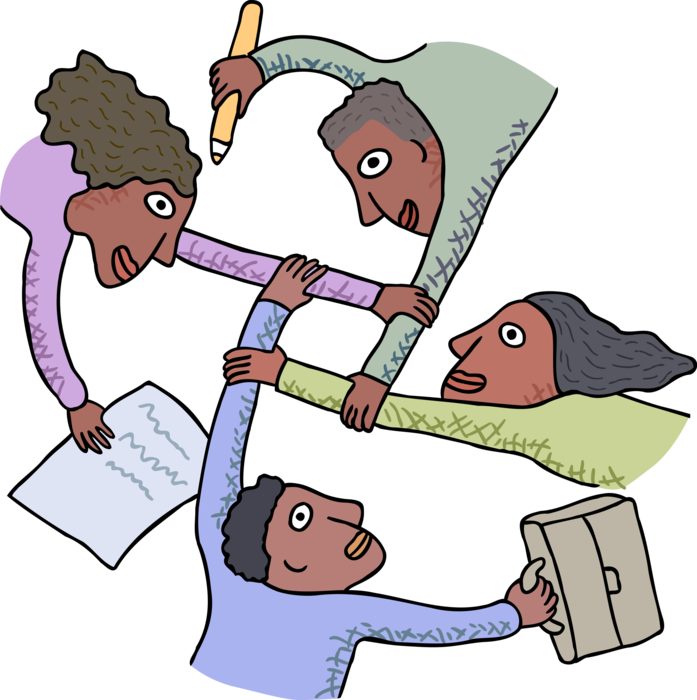 Vector Illustration of Teamwork, Co-Workers Joining Arms to Achieve Common Goal
