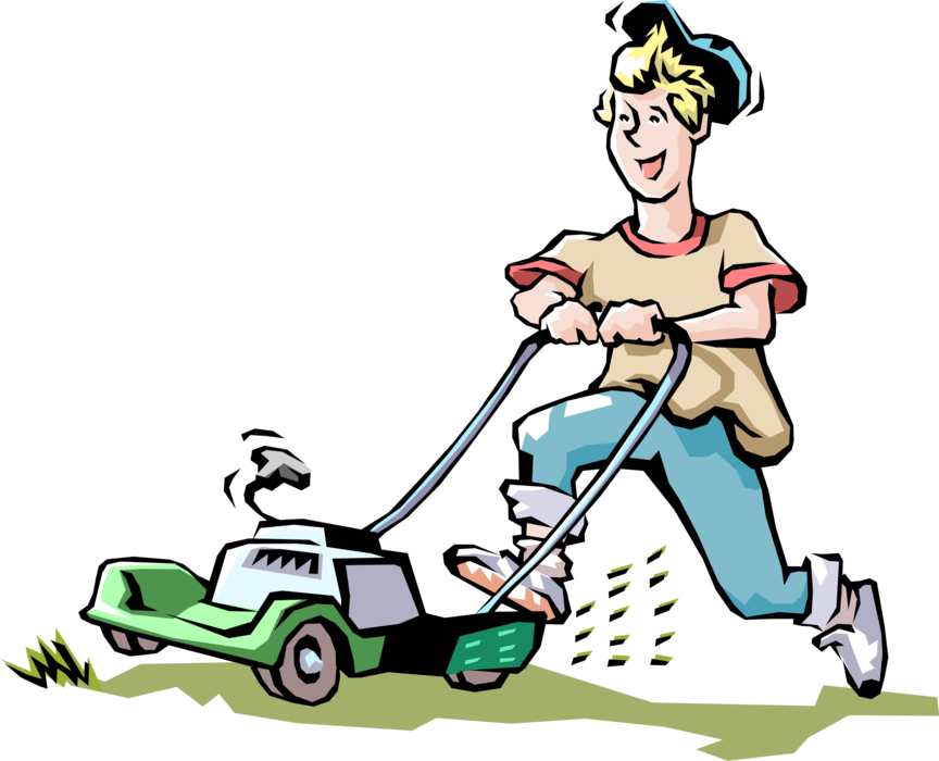 Vector Illustration of Teenager Provides Lawn Care Mowing the Lawn with Gas Powered Lawn Mower