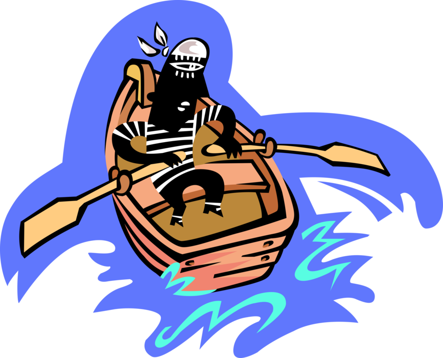 Vector Illustration of Buccaneer Pirate in Rowboat on Water with Oars