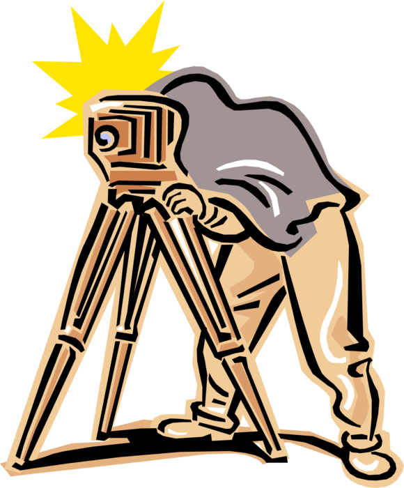 Vector Illustration of 1950's Vintage Style Photographer with Camera on Tripod Takes Photo