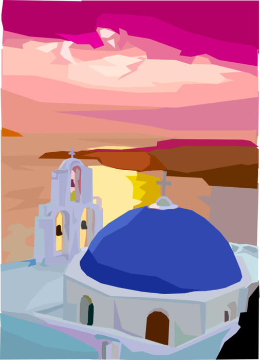 Vector Illustration of Greek Tourism in Cyclades Island of Santorini in Aegean Sea Church at Sunset