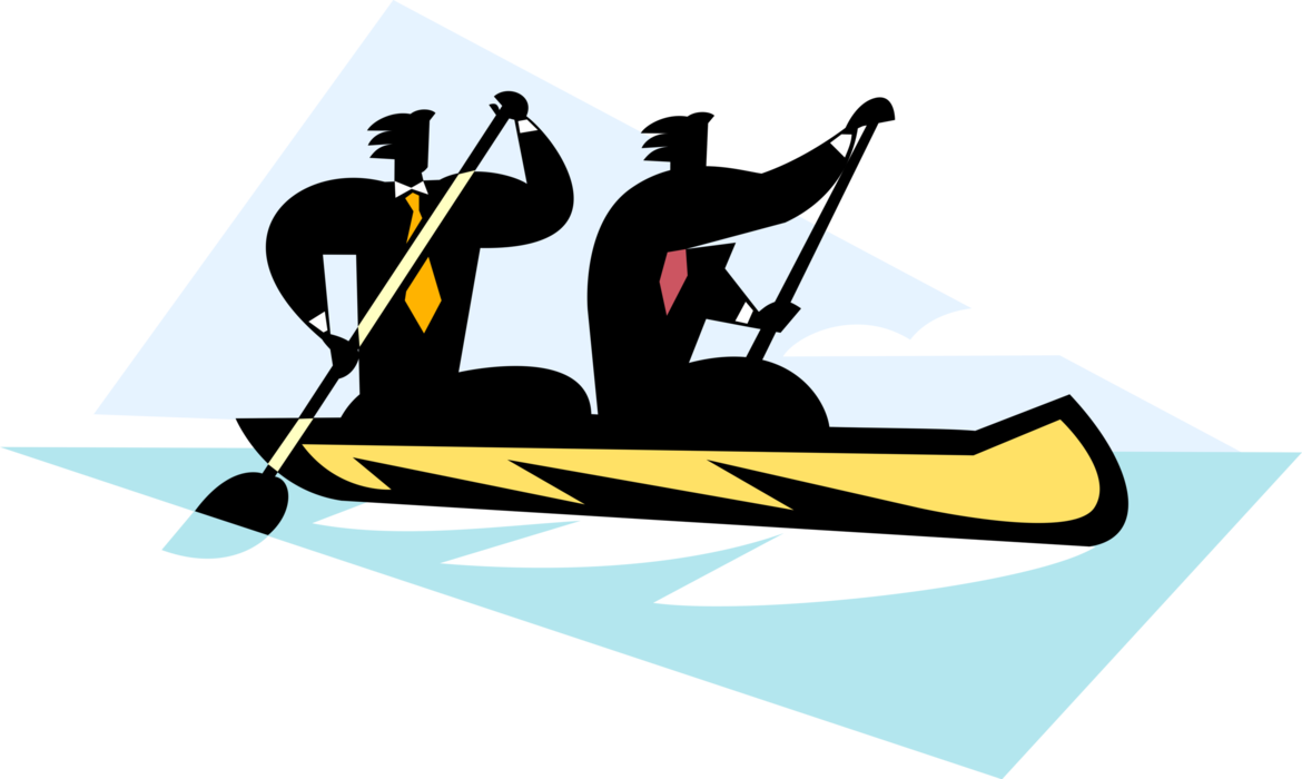 Vector Illustration of Businessmen Canoeists Paddling Canoe on River