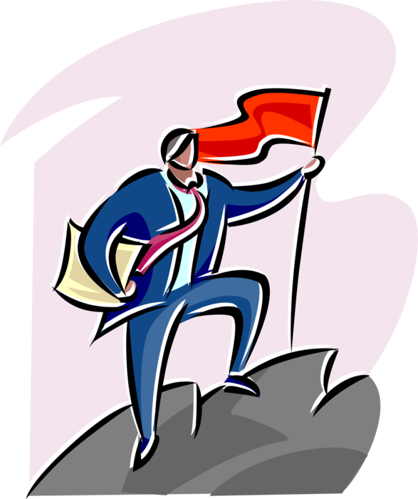 Vector Illustration of Man Conquering Mountain Summit and Planting Flag
