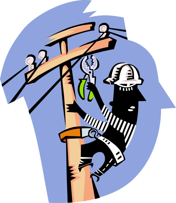 Vector Illustration of Electrician Lineman Repairs Damaged Electricity Power Line