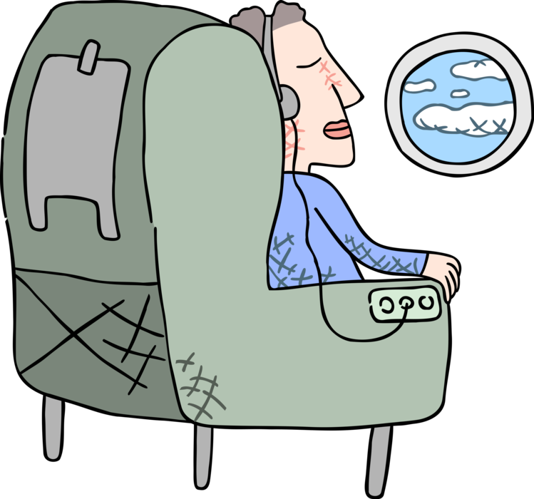Vector Illustration of Vacation Air Travel Listening to Music With Headphones on Flight