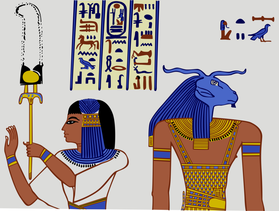 Vector Illustration of Ancient Egypt Egyptian God Khnum Ram-Headed Man with Female