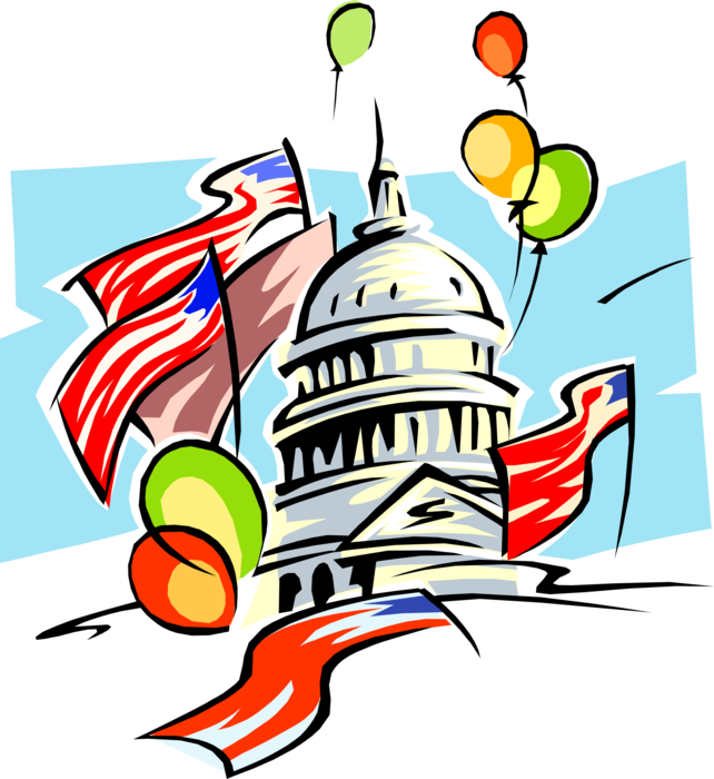 Vector Illustration of Washington Capitol Building Dome Celebrates 4th of July Independence Day with Flags and Balloons