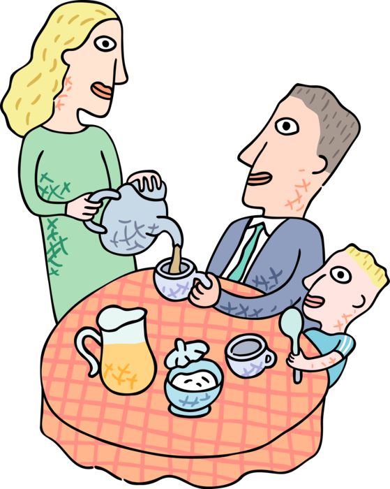 Vector Illustration of Family Breakfast Table with Mother Serving Father Morning Coffee