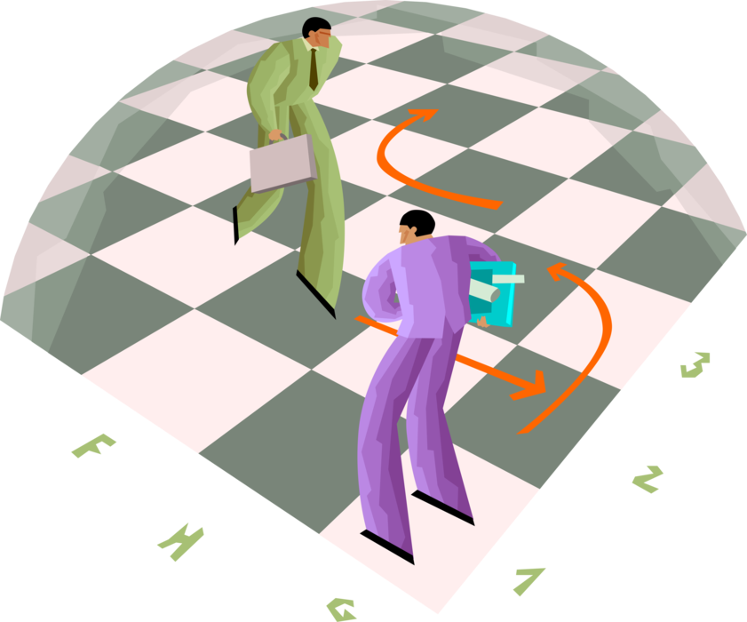 Vector Illustration of Businessmen Make Strategic Business Moves on Chessboard