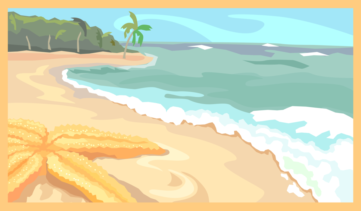Vector Illustration of Tropical Island Beach with Ocean and Star Fish