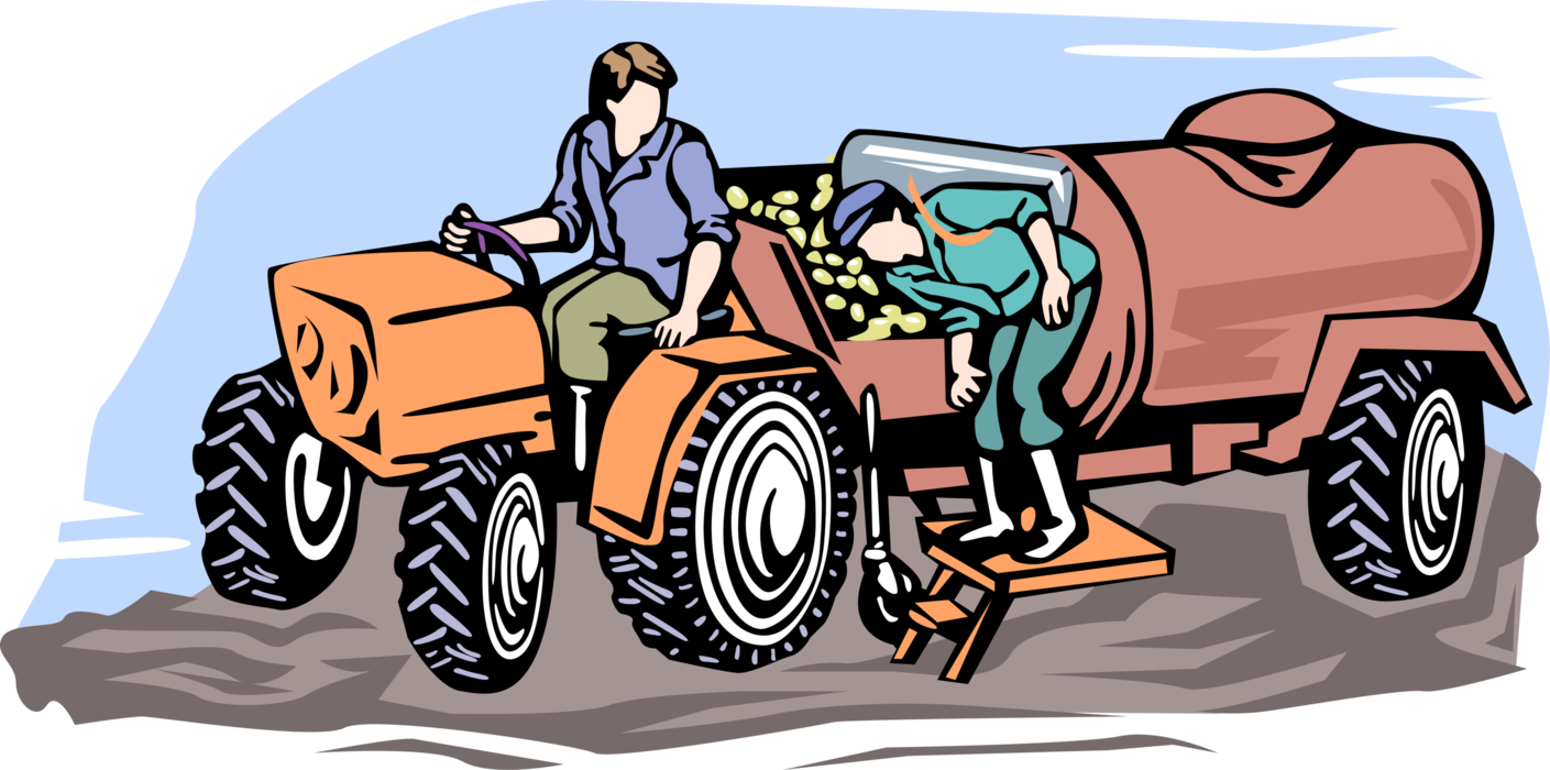 Vector Illustration of Farmer Harvesting Potatoes with Farm Tractor