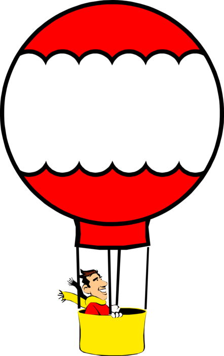 Vector Illustration of Man Flying in Red and White Hot Air Balloon