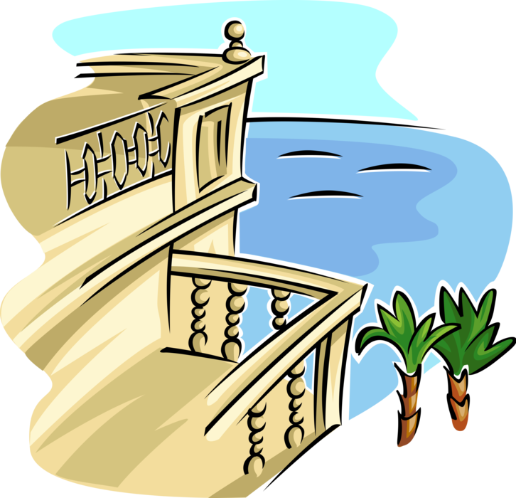 Vector Illustration of Balcony Ocean View with Palm Trees