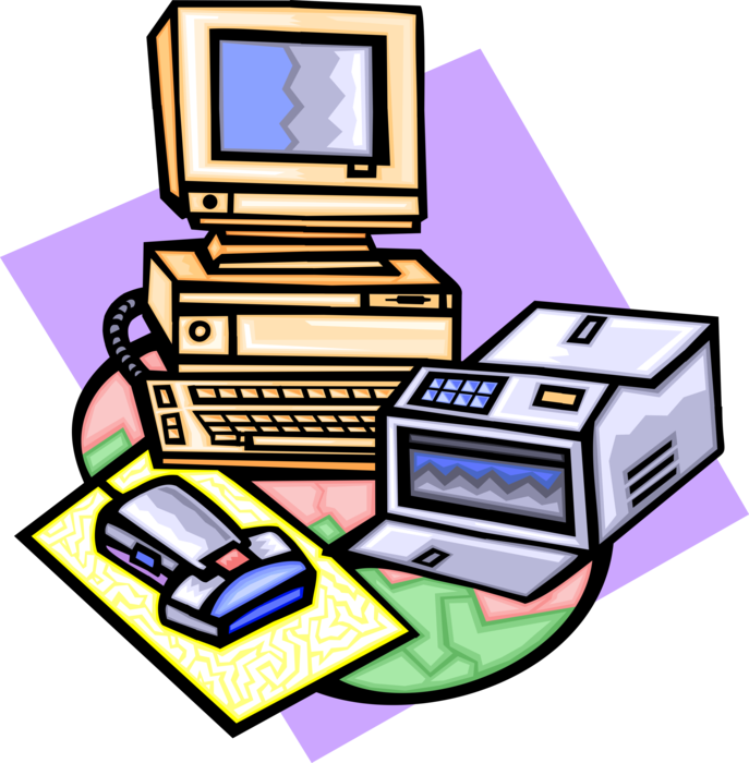 Vector Illustration of Personal Computer Workstation with Printer and Document Scanner