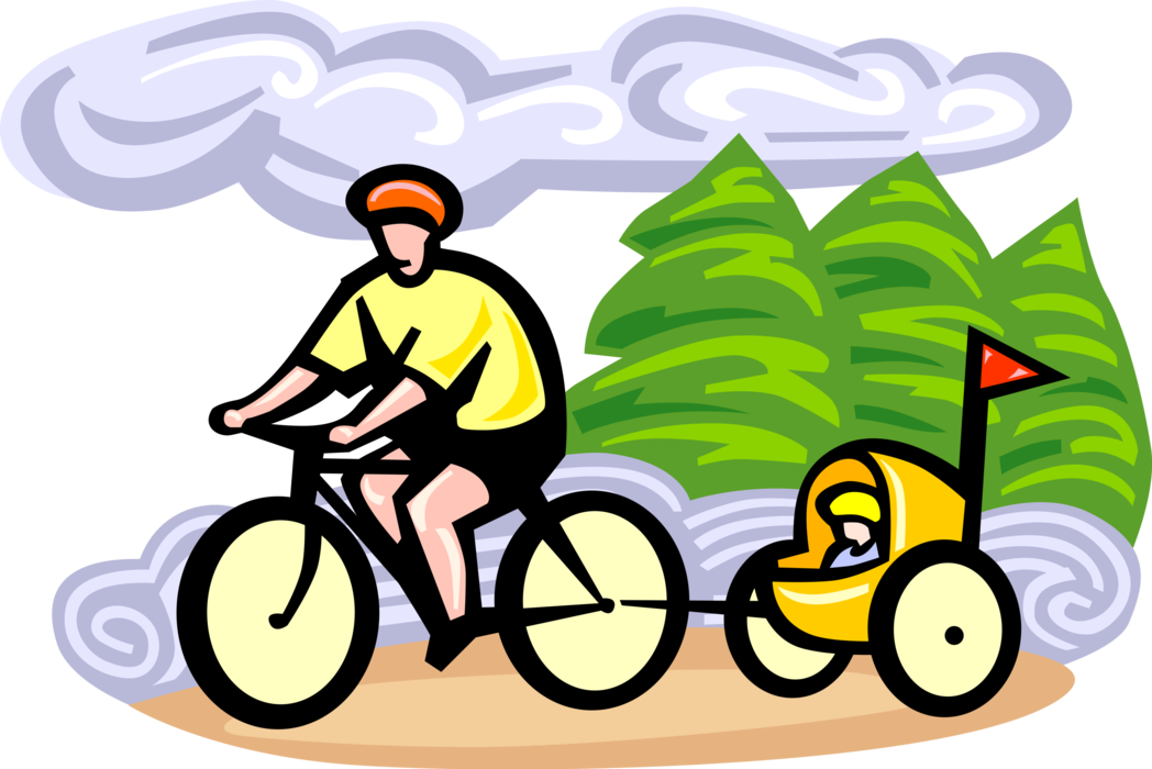 Vector Illustration of Cycling Enthusiast Parent Father with Small Child Cycling