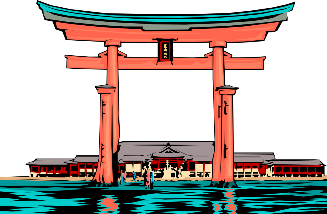 Vector Illustration of Japanese Traditional Buddhist Temple and Shinto Shrine Torii Gate