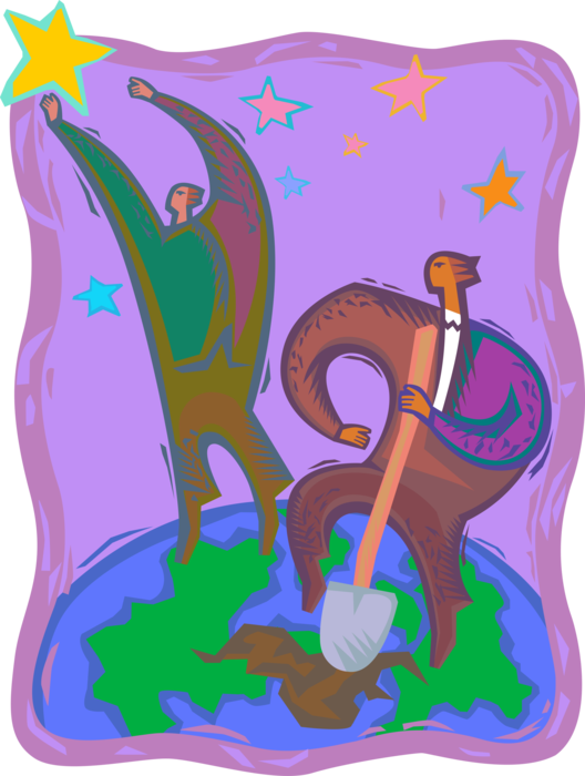 Vector Illustration of Man Reaching for the Stars While Second Man Digs with Shovel