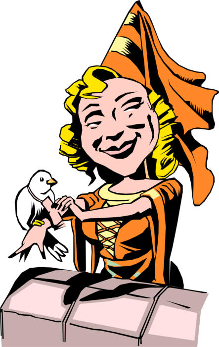 Vector Illustration of Robin Hood Heroic Outlaw in English Folklore Love Interst Maid Marian with Carrier Pidgeon