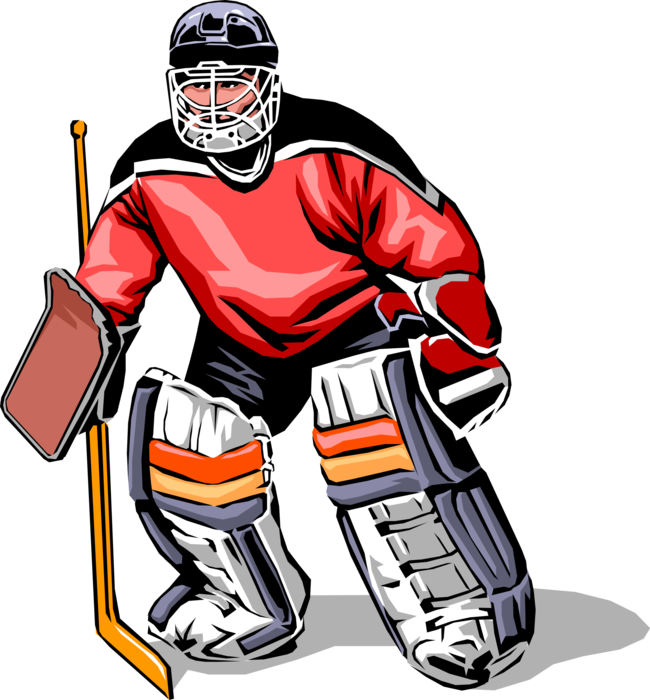 Vector Illustration of Sport of Ice Hockey Goalie in Pads with Stick.