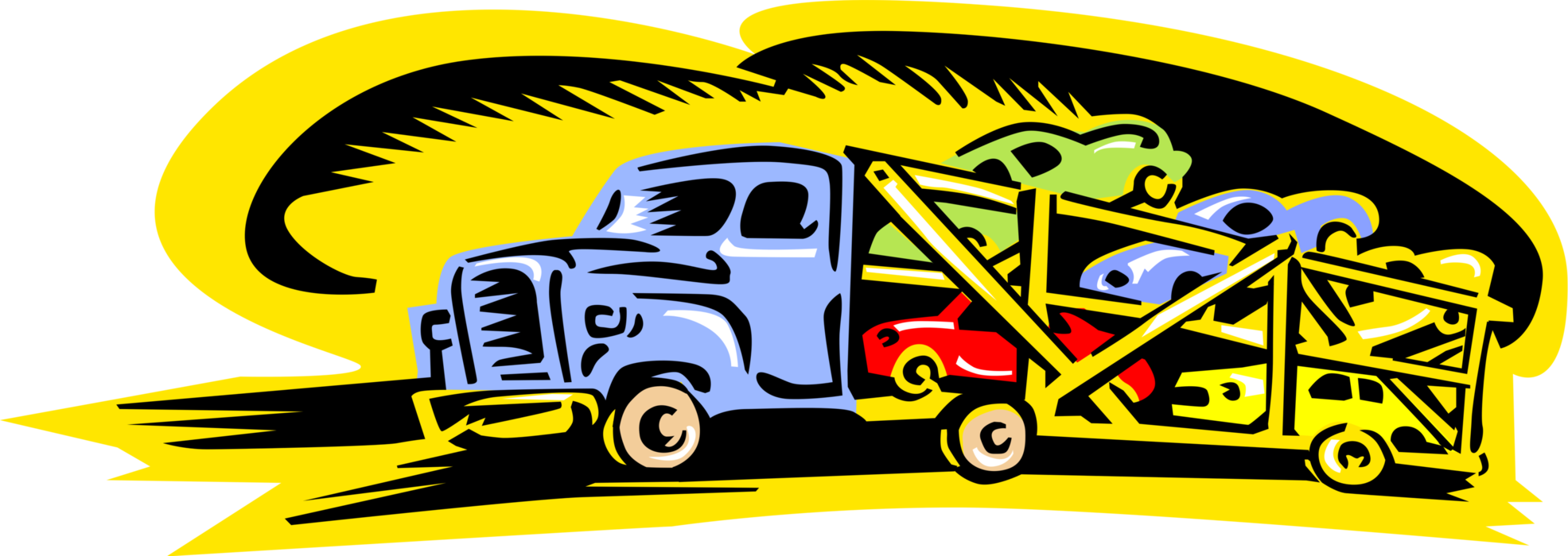 Vector Illustration of Automobiles in Transit on Commercial Shipping and Delivery Transport Trailer Truck Vehicle