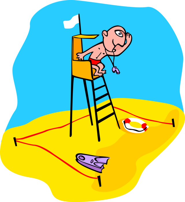 Vector Illustration of Lifeguard on Beach Surveys the Water for Danger