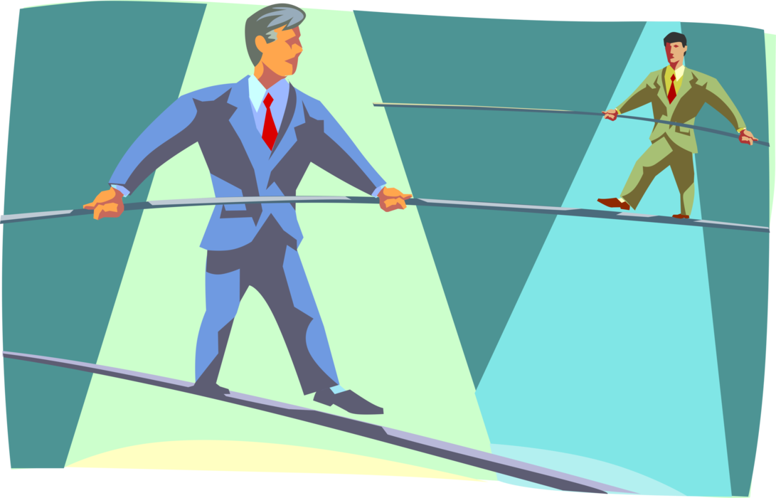 Vector Illustration of Businessman Balances in Balancing Act Assists Colleague on Highwire Tightrope
