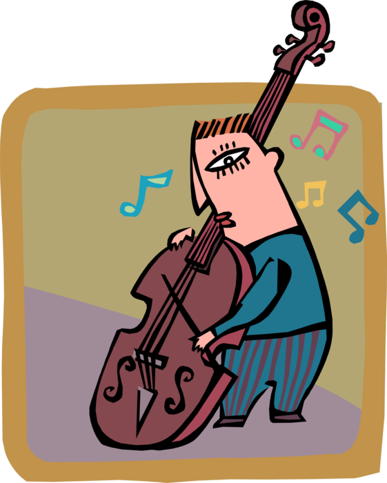 Vector Illustration of Jazz Musician Plays Bass Violin or Double Bass Bowed String Instrument