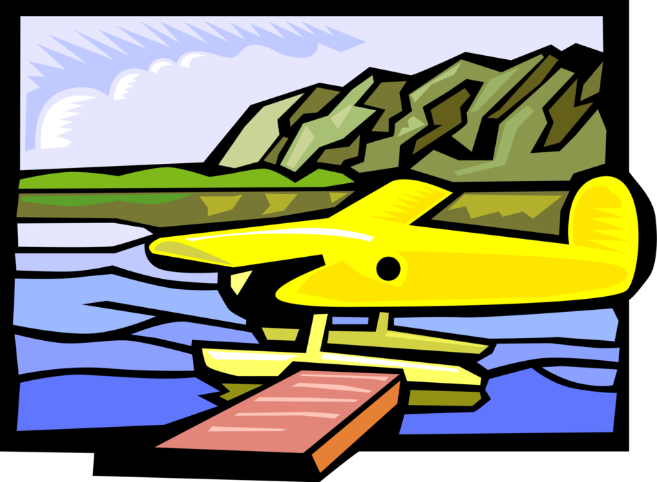 Vector Illustration of Floatplane or Float Plane Seaplane with Pontoons Landing at Remote Lake