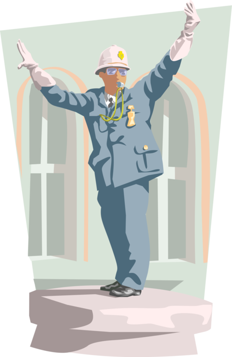 Vector Illustration of Traffic Cop Police Officer Directing Flow of Traffic with Whistle at Rush Hour
