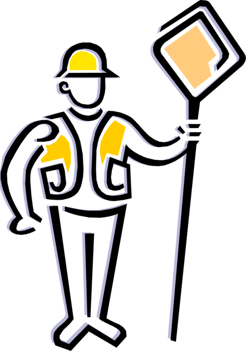 Vector Illustration of Road Crew Construction Worker Holding Yield Sign to Control Traffic