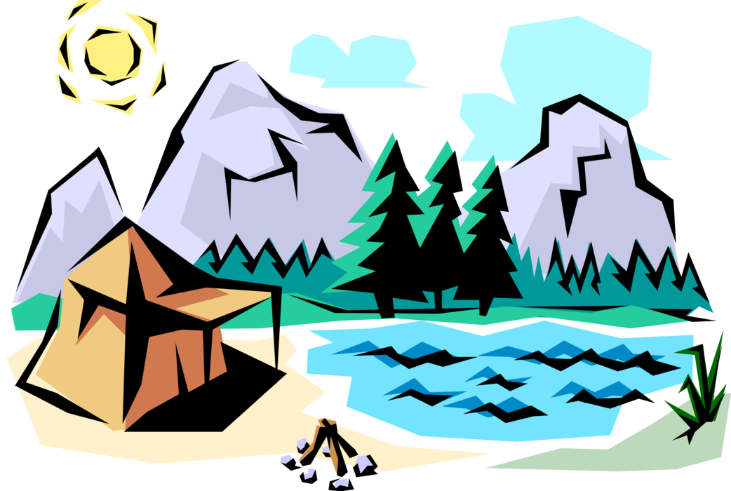 Vector Illustration of Outdoors Mountain Scene with Camping Tent and Campfire