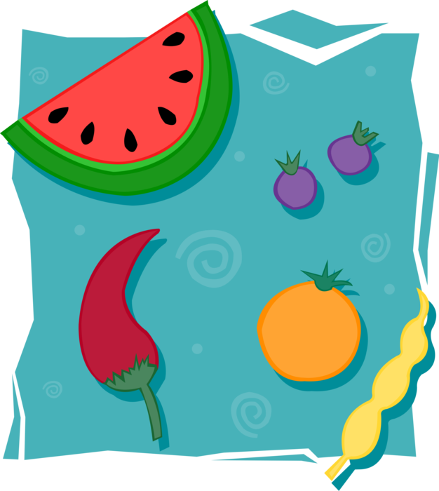 Vector Illustration of Garden Fruits and Vegetables with Melon, Hot Pepper, Bean and Orange
