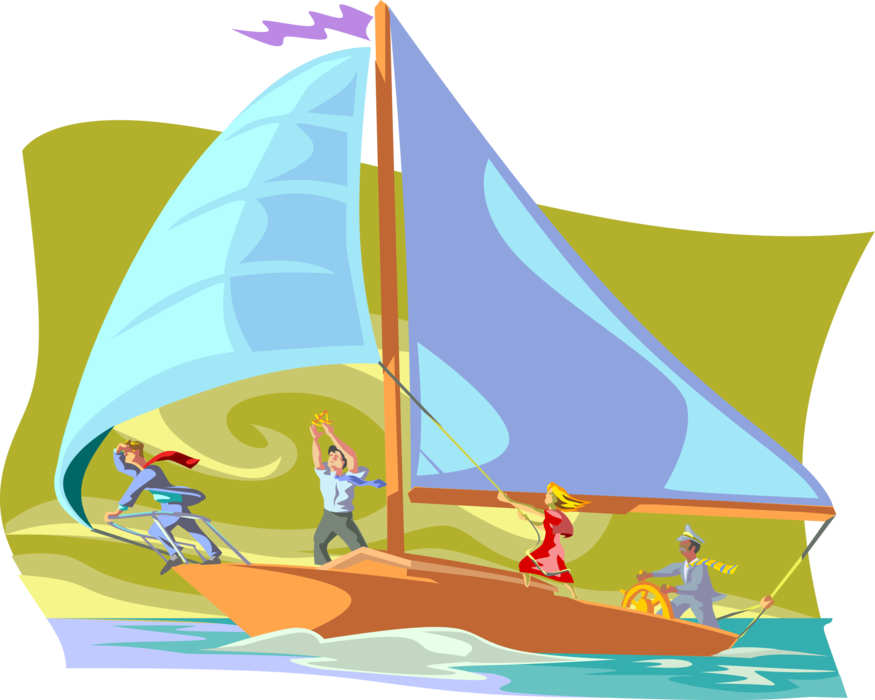 Vector Illustration of Business Associates Show Teamwork Sailing Sailboat on Water with Sails