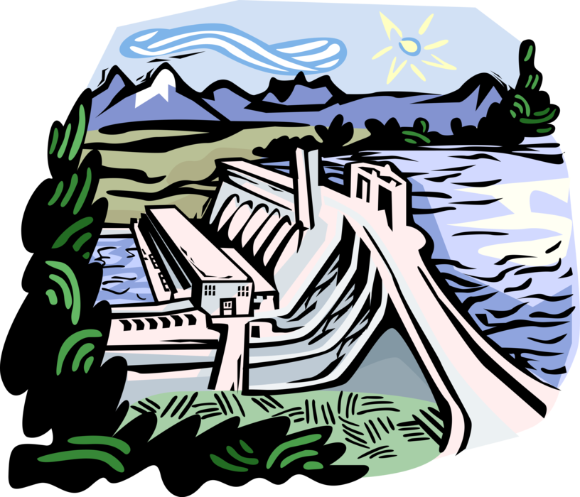 Vector Illustration of Hydroelectric Power Generation with Dam and Spillway
