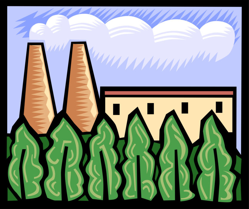 Vector Illustration of Industrial Factory with Smokestacks Juxtaposed with Natural Green Environment Trees