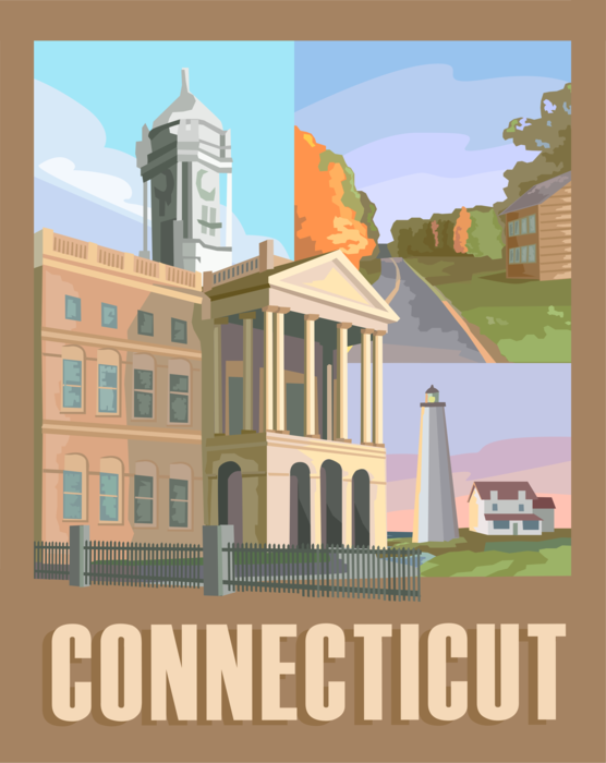 Vector Illustration of Connecticut Postcard Design with Old State House in Hartford, USA