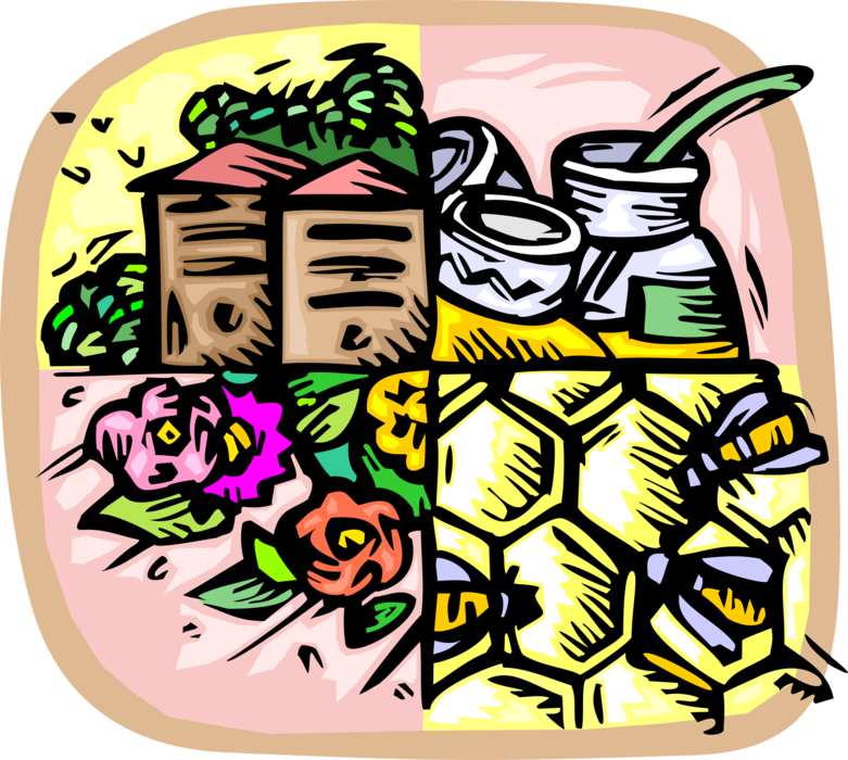 Vector Illustration of Apiary Beehives with Honey Production, Hive Honeycomb and Nectar Flowers