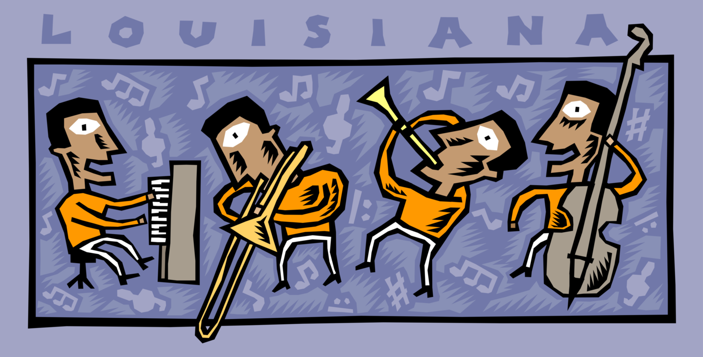 Vector Illustration of Louisiana Dixieland Jazz Band Musicians Play Music