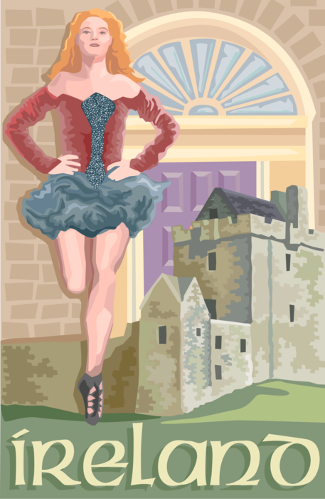 Vector Illustration of Ireland Postcard Design with Celtic Dancer and Blarney Castle