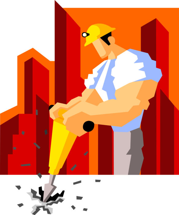 Vector Illustration of Construction Worker Drilling with Jackhammer Pneumatic Drill