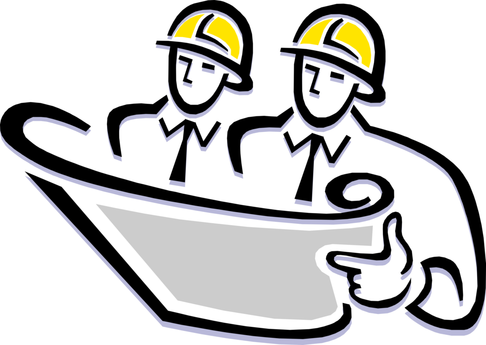 Vector Illustration of Construction Industry Engineer Contractors Read Blueprint Plans
