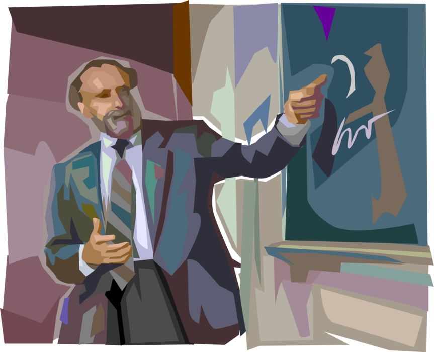 Vector Illustration of University or College Math Professor Teaches in Academic Classroom Using Blackboard Chalkboard