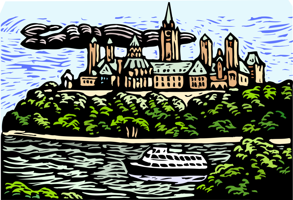 Vector Illustration of Parliament Buildings and River Tour Boat, Ottawa, Canada