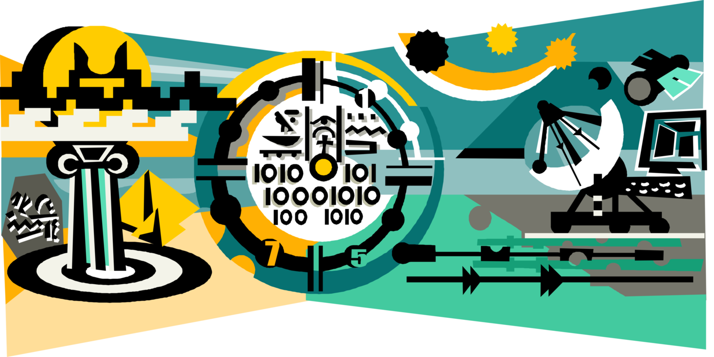 Vector Illustration of The Evolution of Communications From Hieroglyphs to Digital Binary Code